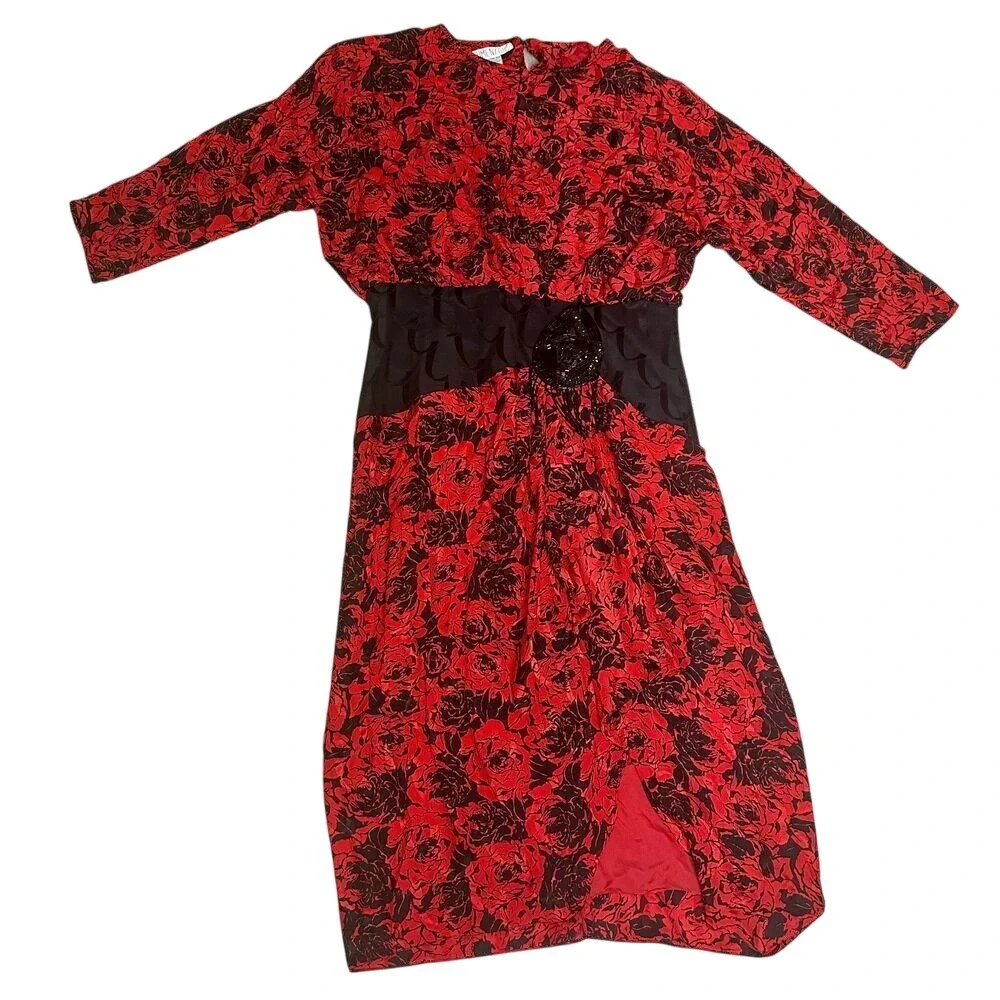 Vintage 100% silk 80s Comenzar black red midi beaded gothic cocktail dress